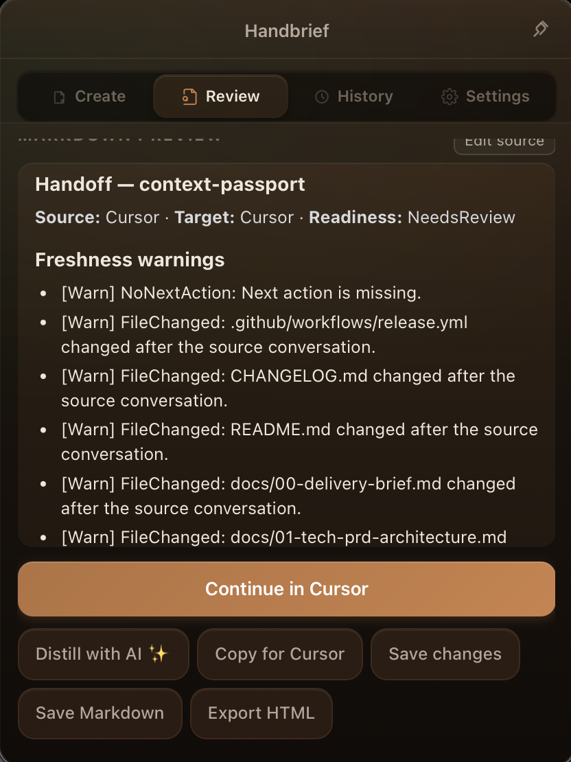 Review screen with freshness warnings and export options