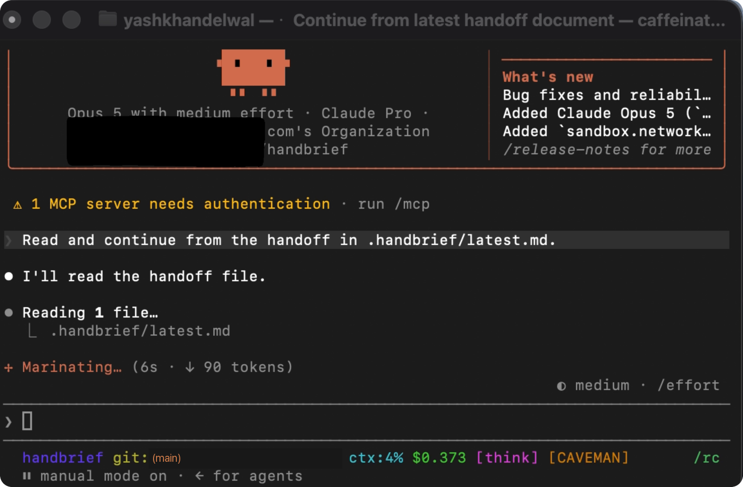 Claude Code in a terminal reading the handoff from .handbrief/latest.md