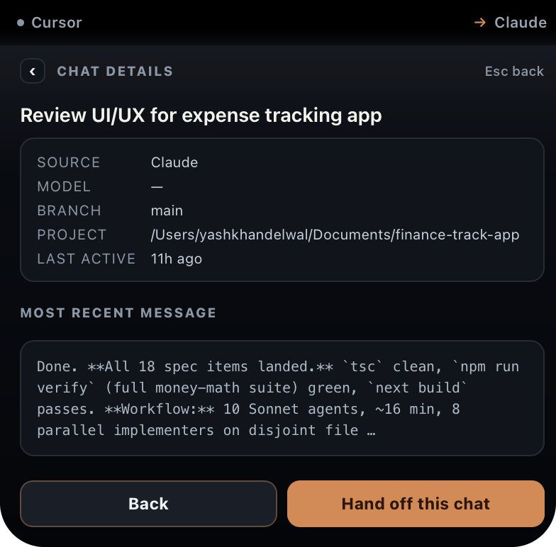 Chat details inside the notch card: source, model, branch, project, last active and the most recent message