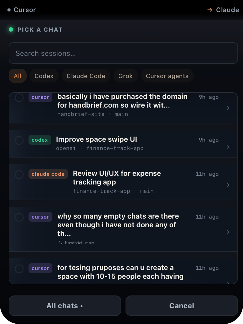 Notch chat picker listing recent sessions from Cursor, Codex, Claude Code and Grok
