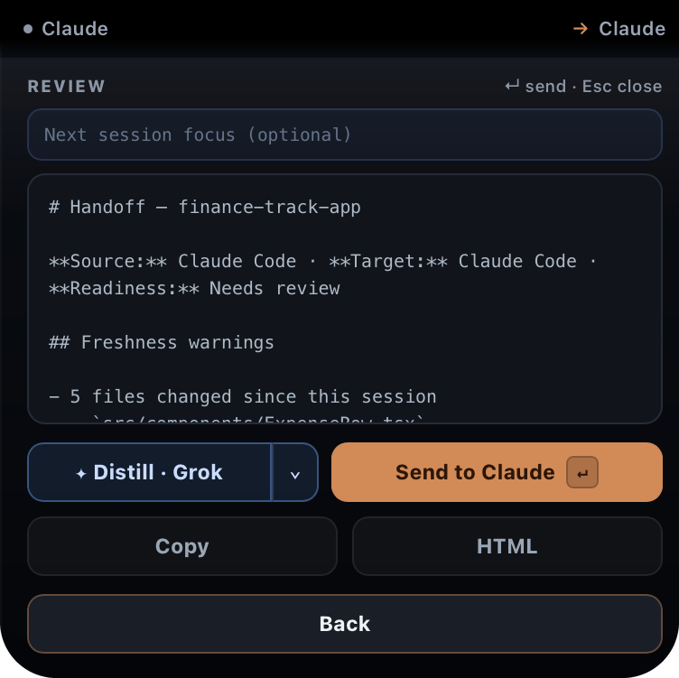 Notch review card showing the generated brief, a distill option, and send to Claude