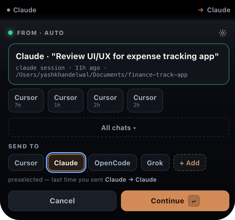 Notch card with the source chat auto-detected and destination tools preselected